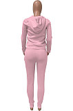 Black Women Autumn Winter Pure Color Hooded Fleece Pullover Casual Pants Sets Q972-3