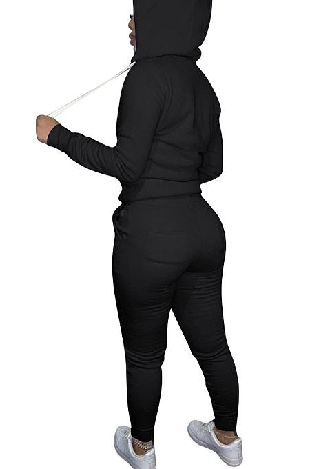 Army Green Euramerican Women Pure Color Skinny Drawstring Cradigan Hooded Fleece Bodycon Pants Sets XQ1152-10
