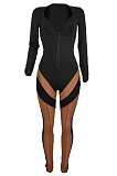 Black Euramerican Women Fashion Spliced Mesh Spaghetti Perspectivity Zipper Bodycon Jumpsuits BYQ1029