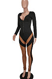Black Euramerican Women Fashion Spliced Mesh Spaghetti Perspectivity Zipper Bodycon Jumpsuits BYQ1029