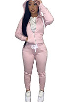 Pink Euramerican Women Pure Color Skinny Drawstring Cradigan Hooded Fleece Bodycon Pants Sets XQ1152-1