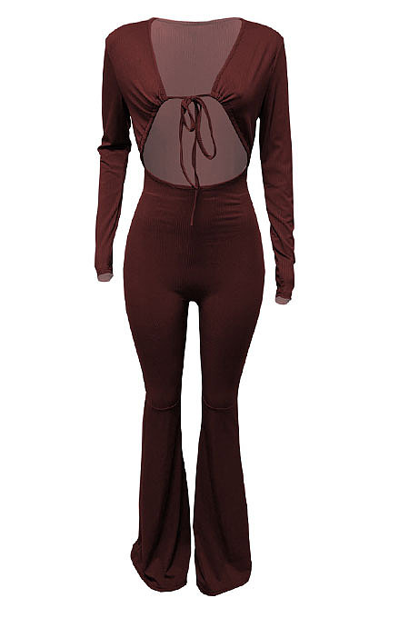 Orange Women Solid Color Ribber Tied Crop High Waist Tiny Flared Bodycon Jumpsuits Q971-2