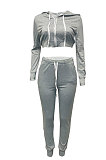 Gray Women Cardigan Short Crop Zipper Hooded Tops Casual Pants Sets Q973-1