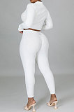 White Euramerican Women Solid Color Ribber High Collar Zipper Sexy High Elastic Bodycon Pants Sets QQM4333-2