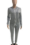 Brown Euramerican Women Pure Color Skinny Drawstring Cradigan Hooded Fleece Bodycon Pants Sets XQ1152-9