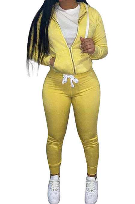 Pink Euramerican Women Pure Color Skinny Drawstring Cradigan Hooded Fleece Bodycon Pants Sets XQ1152-1