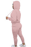 Pink Women Autumn Winter Pure Color Hooded Fleece Pullover Casual Pants Sets Q972-1
