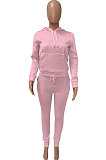Pink Women Autumn Winter Pure Color Hooded Fleece Pullover Casual Pants Sets Q972-1