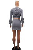 Orange Women Sexy Hooded Top Zipper Long Sleeve Dew Waist Short Skirts Sets QMX1019-1