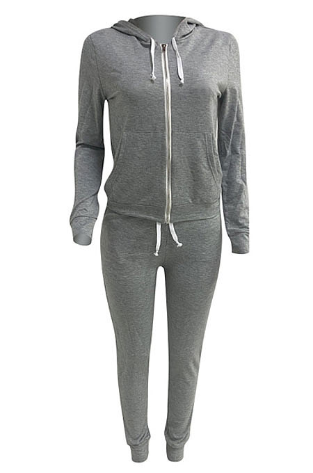 Yellow Euramerican Women Pure Color Skinny Drawstring Cradigan Hooded Fleece Bodycon Pants Sets XQ1152-2