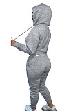 Khaki Women Autumn Winter Pure Color Hooded Fleece Pullover Casual Pants Sets Q972-5