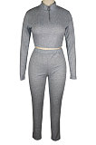 Gray Euramerican Women Solid Color Ribber High Collar Zipper Sexy High Elastic Bodycon Pants Sets QQM4333-1