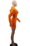 Orange Women Sexy Hooded Top Zipper Long Sleeve Dew Waist Short Skirts Sets QMX1019-1