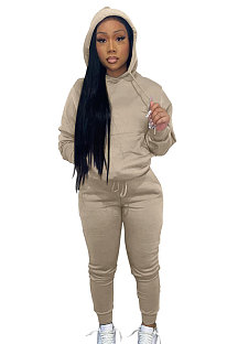 Khaki Women Autumn Winter Pure Color Hooded Fleece Pullover Casual Pants Sets Q972-5