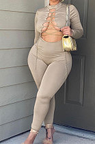 Apricot Women Long Sleeve Solid Color Round Collar Chain Cross Hollow Out  Bodycon Jumpsuits BYQ1027-3