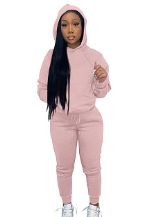 Pink Women Autumn Winter Pure Color Hooded Fleece Pullover Casual Pants Sets Q972-1