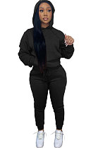 Black Women Autumn Winter Pure Color Hooded Fleece Pullover Casual Pants Sets Q972-3