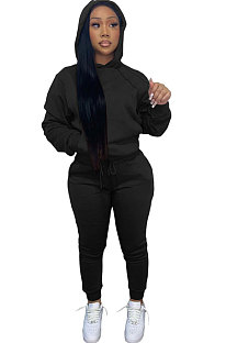 Black Women Autumn Winter Pure Color Hooded Fleece Pullover Casual Pants Sets Q972-3