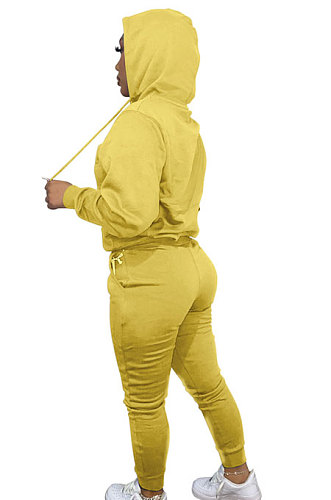 Yellow Women Autumn Winter Pure Color Hooded Fleece Pullover Casual Pants Sets Q972-2