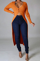 Orange Euramerican Women Solid Color Cardigan Button Ribber Irregular Coat Q970-3