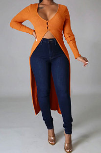 Orange Euramerican Women Solid Color Cardigan Button Ribber Irregular Coat Q970-3