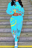Sky Blue Women Trendy Hooded Fleece Pullover Positioning Printing Pats Sets LSZ91188-3