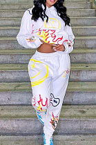 White Women Trendy Hooded Fleece Pullover Positioning Printing Pats Sets LSZ91188-1