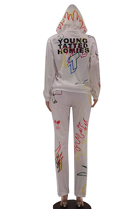 White Women Trendy Hooded Fleece Pullover Positioning Printing Pats Sets LSZ91188-1