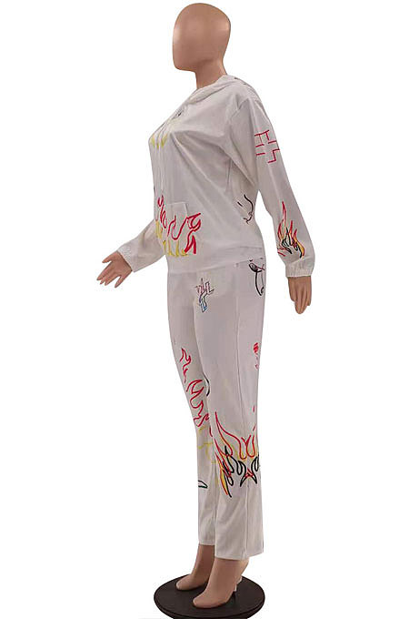 White Women Trendy Hooded Fleece Pullover Positioning Printing Pats Sets LSZ91188-1