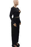 Apricot Women Solid Color Long Sleeve Hollow Out Casual Pants Sets GB8036-2