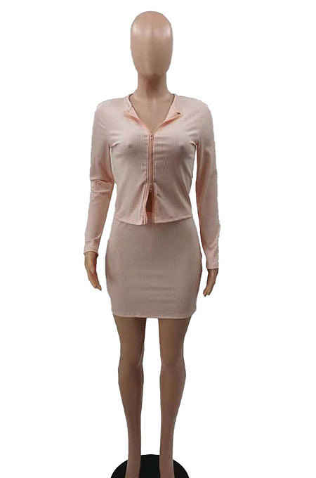 Pink Euramerican Women Sexy Double Zipper Pure Color Short Skirts Sets QMX1015-1