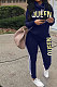 Navy Blue Women Pullover Fleece Half Turtle Neck Irregular Pants Sets LD8483-3