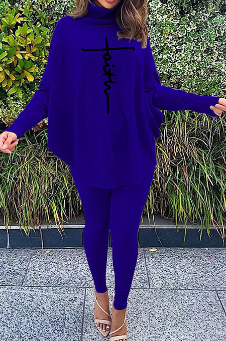 Blue Women Fashion Casual Letters Printing Batwing Sleeve Split Split Ribber Pants Sets MR2126-6
