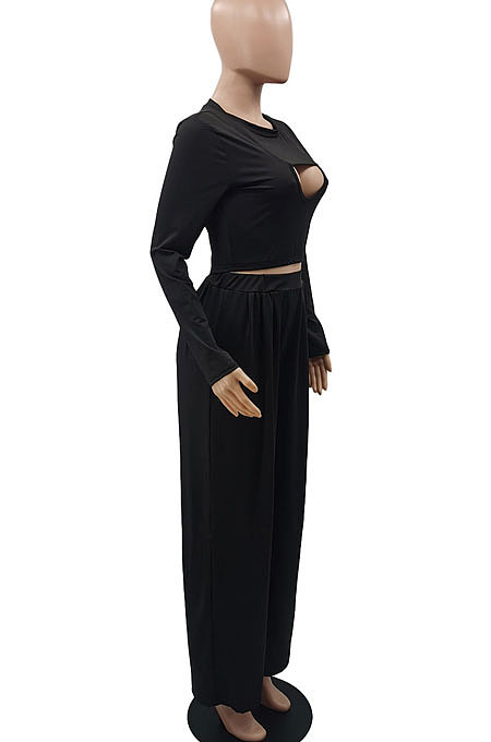 Black Women Solid Color Long Sleeve Hollow Out Casual Pants Sets GB8036-1