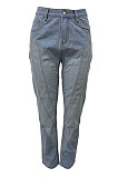 Blue Women Spliced Mid Waist Bodycon Long Pants LD81056