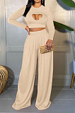 Black Women Solid Color Long Sleeve Hollow Out Casual Pants Sets GB8036-1