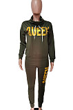 Army Green Women Pullover Fleece Half Turtle Neck Irregular Pants Sets LD8483-4