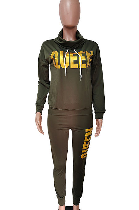 Army Green Women Pullover Fleece Half Turtle Neck Irregular Pants Sets LD8483-4
