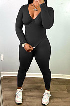 Black Autumn Winter Women Long Sleeve Pure Color Ruffle Round Collar Tight Pants Sets LD81054-2