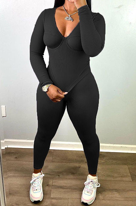 Black Autumn Winter Women Long Sleeve Pure Color Ruffle Round Collar Tight Pants Sets LD81054-2