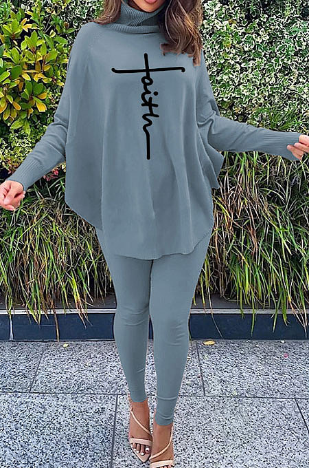 Pink Women Fashion Casual Letters Printing Batwing Sleeve Split Split Ribber Pants Sets MR2126-1