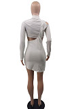 White Women Long Sleeve Sexy Solid Color Single Strap Dew Waist Hollow Out Mini Dress QMX1018-1
