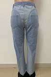 Blue Women Spliced Mid Waist Bodycon Long Pants LD81056