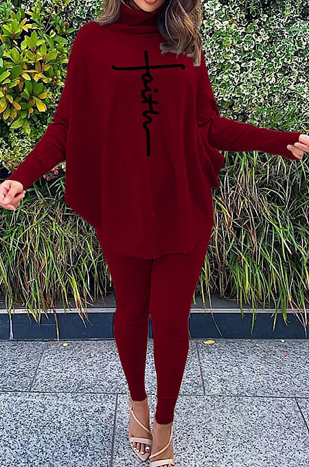 Pink Women Fashion Casual Letters Printing Batwing Sleeve Split Split Ribber Pants Sets MR2126-1