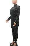 Black Women Long Sleeve Trendy Casual Pure Color High Elastic Pants Sets MR2128-1