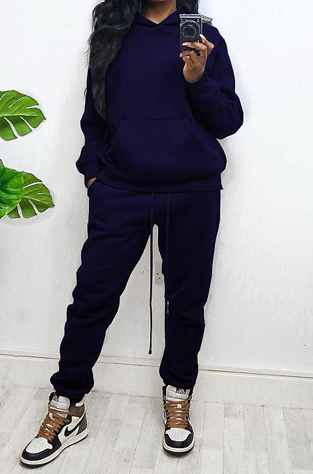 Coffee Women Autumn Winter Wool Hooded Fleece Solid Color Casual Sport Pants Sets MR2127-2
