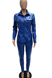 Pink Women PU Leather Long Sleeve Pure Color Cardigan Pencil Pants Sets LD8226-2
