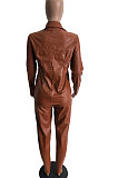 Wine Red Women PU Leather Long Sleeve Pure Color Cardigan Pencil Pants Sets LD8226-5