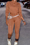 Khaki Women Long Sleeve Trendy Casual Pure Color High Elastic Pants Sets MR2128-3