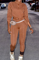 Khaki Women Long Sleeve Trendy Casual Pure Color High Elastic Pants Sets MR2128-3